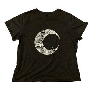 Women's SHEIN CURVE Cat on a Floral Crescent Moon Graphic Tee T-Shirt Size XL